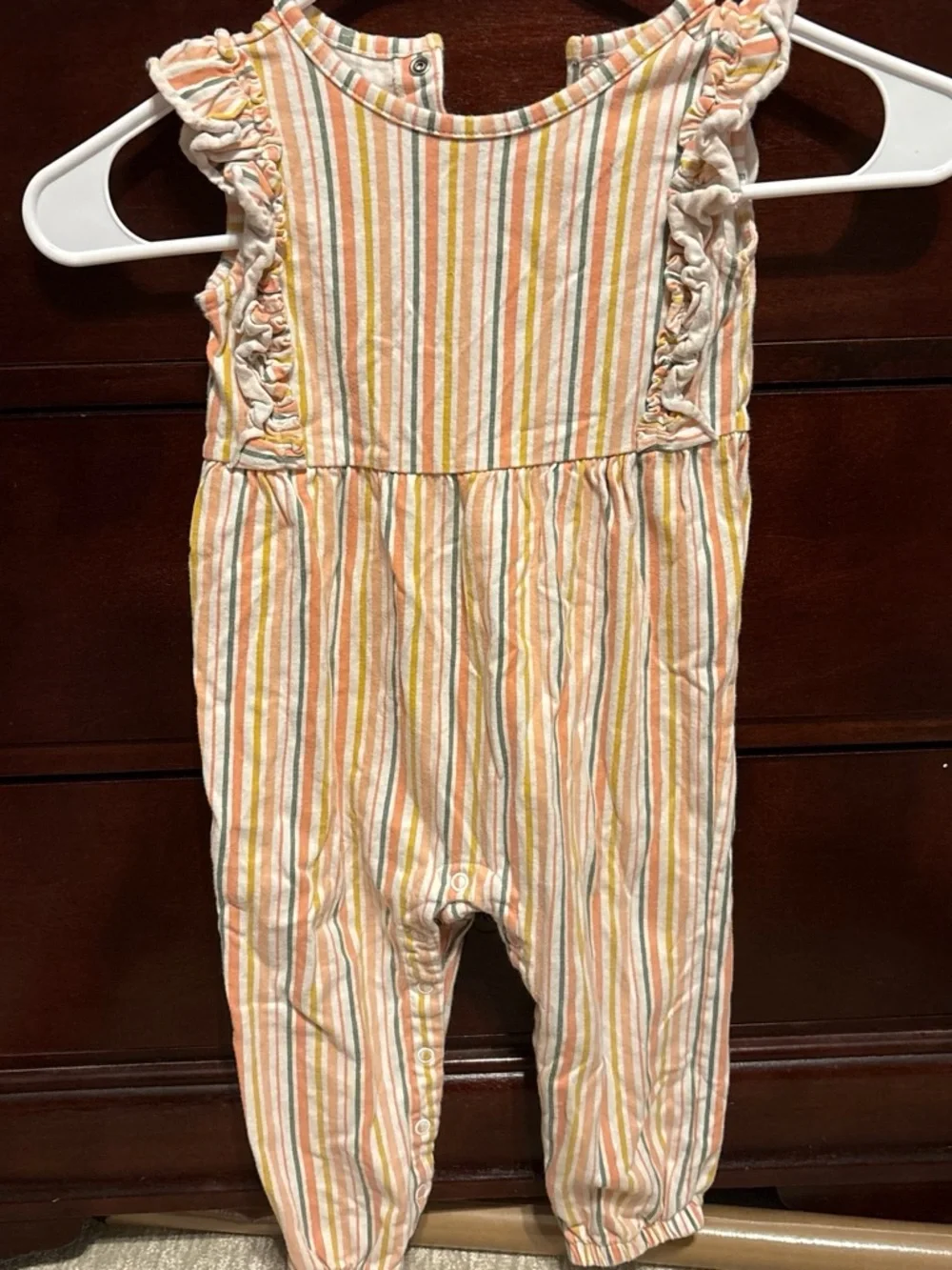 Striped Ruffle-Shoulder Romper in Peach, Yellow & Light Green